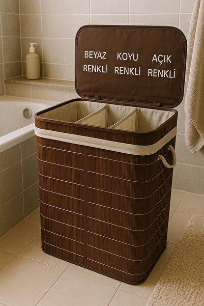 Tuğrastore Lüks Bambu 3 Bölmeli Çamaşır Kirli Sepeti 52x32x60cm Büyük Boy 100...