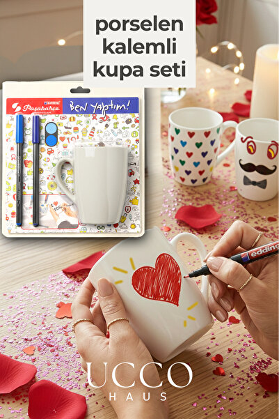UCCO DIY Kupanı Kendin Tasarla Seti - 1 Adet Paşabahçe Porselen Kupa x 2 Eddi...