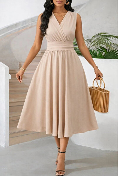 Butik Women's Strappy Double-Breasted V-Neck Dress with Elastic Waist