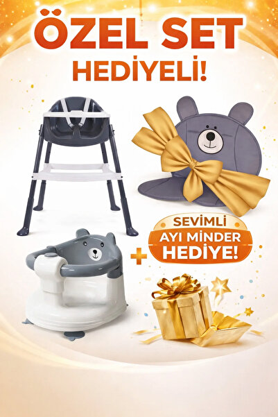 BebeMango Mama Sandalyesi & Bebek Banyo Oturağı Set Gri-Gri Minder Hediyeli