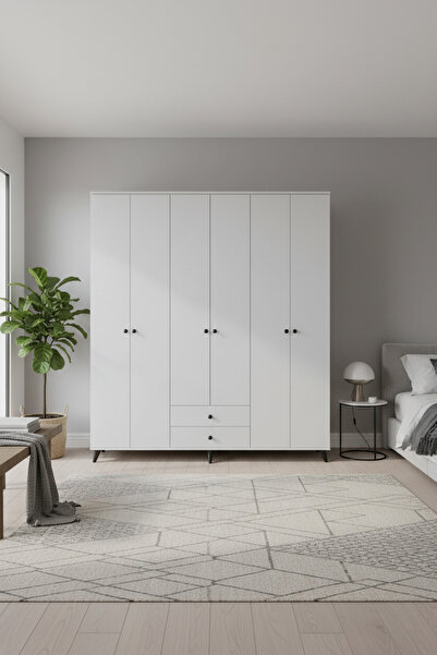 Dienni Simple Gardırop 6 Raflı 2 Çekmeceli 2 Askılı 180x44x208 BEYAZ