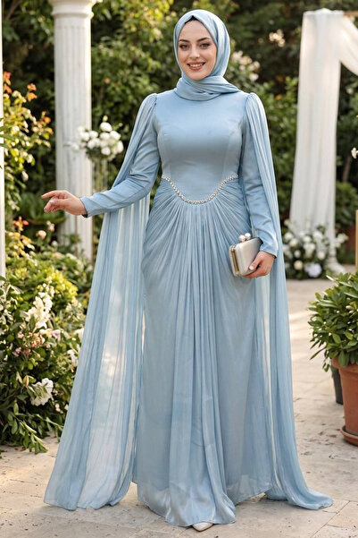 N.S NEVA STYLE - Βραδινό φόρεμα Hijab Baby Blue με μανδύα 5418BM