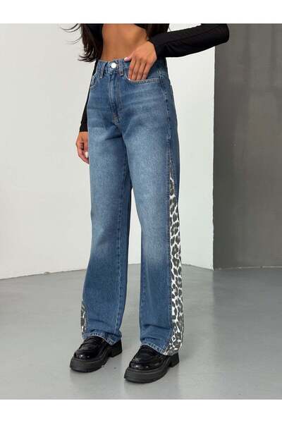 HerTon Μοντέρνο φαρδύ τζιν παντελόνι με μπλε τζιν και λεοπάρ λεπτομέρειες
