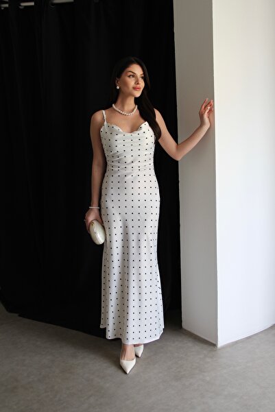 Julidress Φόρεμα με τιράντες, μάξι μήκους, πουά σατέν