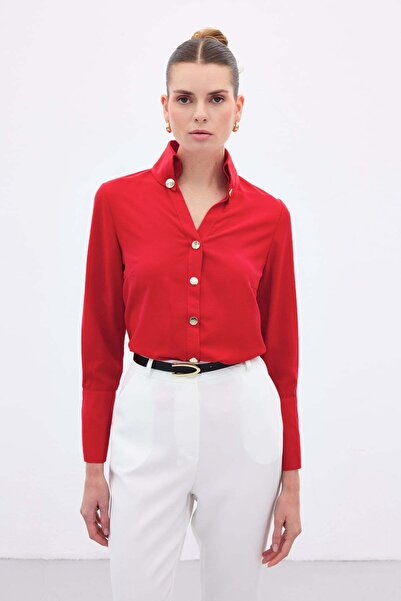 Sateen Πουκάμισο με λεπτομέρειες - Κόκκινο