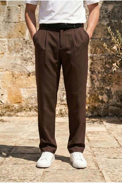 Baruchel Pleated Baggy Mold Fabric Men's Pants - Brown