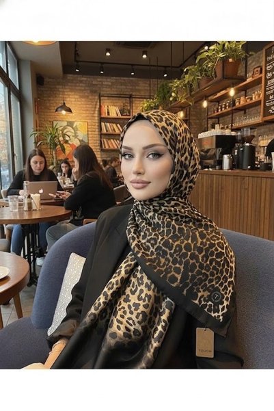 Gogoey Degrade Leopar Vual İpek –Siyah Kahve Kadın Şal