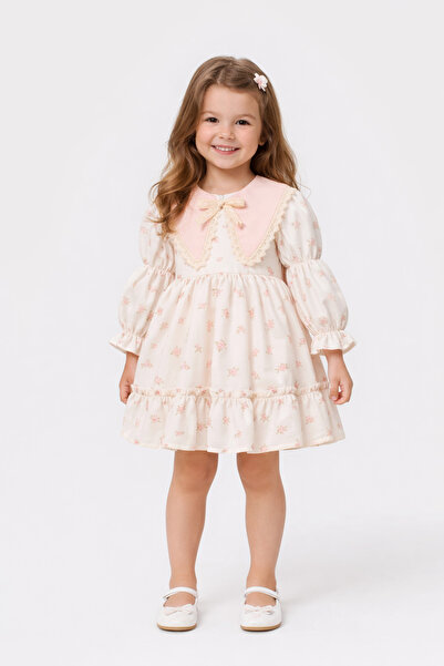 TOGY BABY VE KIDS WEAR Rosalie Pudra Yaka Çiçek Desenli Kız Çocuk Elbise