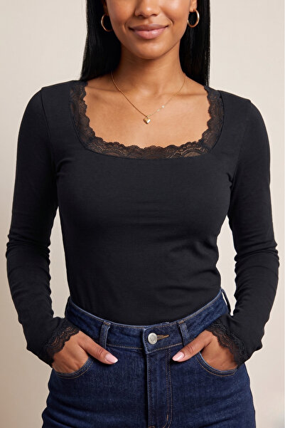 FOORS Δαντέλα Λεπτομερής τετράγωνη λαιμόκοψη Βισκόζη Μπλούζα