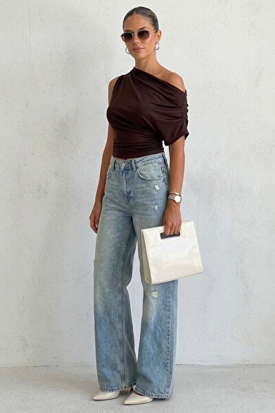 Madmext Καφέ Μοντέρνα Γυναικεία Μπλούζα με Έναν Ώμο, Κομψή και Στυλάτη MG2669