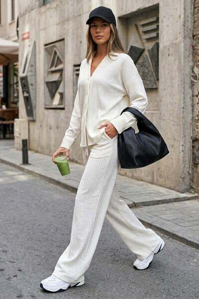 Madmext Εκρού μακρυμάνικο πουκάμισο και παντελόνι Σετ δύο τεμαχίων MG2329