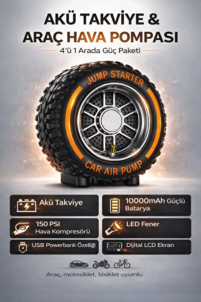 Merwish 4 ü 1 Akü Takviye Hava Kompresörü 10000 mAh 150 PSI Jump Starter Powe...