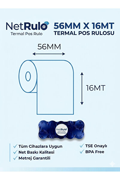 Net Rulo 56x16 Termal Pos Rulosu-Yeni Nesil Yazarkasa Uyumlu