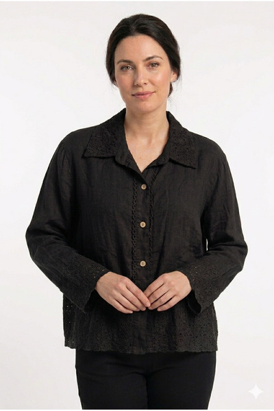 della moor Women's Black Italian Lace Detailed Oversize Linen Shirt Size 38 - 44