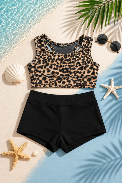 Beniizle Σετ μπικίνι για κορίτσια με μοτίβο με φύλλα με λεπτομέρεια από ελαστ...