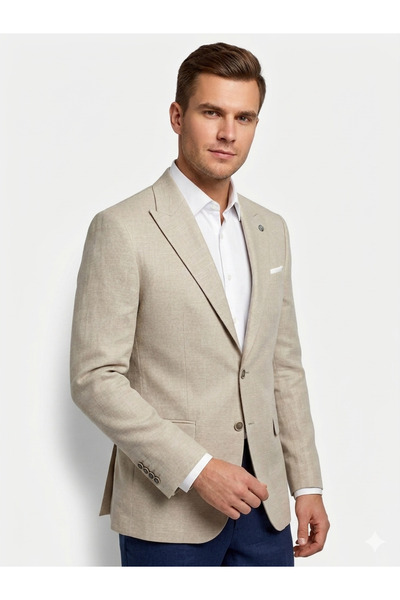 İMAJ MAĞAZACILIK Erkek Bej Keten Karışımlı Slim Fit Sivri Yaka Blazer Ceket