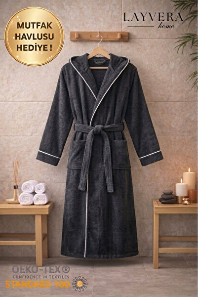 Layvera Ανδρικό-Γυναικείο Μπουρνούζι Ανθρακί |   100% Βαμβάκι-Με κουκούλα-Με ...