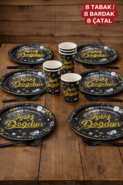 Baloncu Nene Σετ πιάτων και ποτηριών από μαύρο χαρτόνι με γραμμένο στολίδι γι...