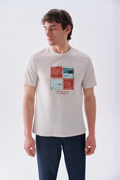 Mudo Erkek Taş Rengi Baskılı Bisiklet Yaka T-Shirt