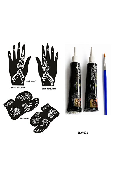 Airbrush Tattoo Çiçek Model El ve Ayak Kına Kalıpları 2 Tüp Kına ve Fırça Hed...