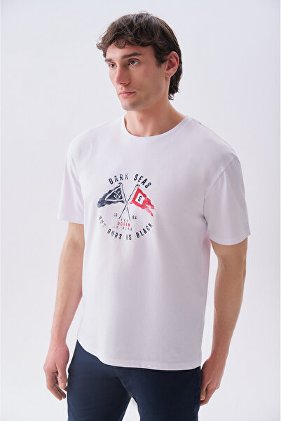Mudo Erkek Beyaz Baskılı Comfort Fit Bisiklet Yaka T-Shirt