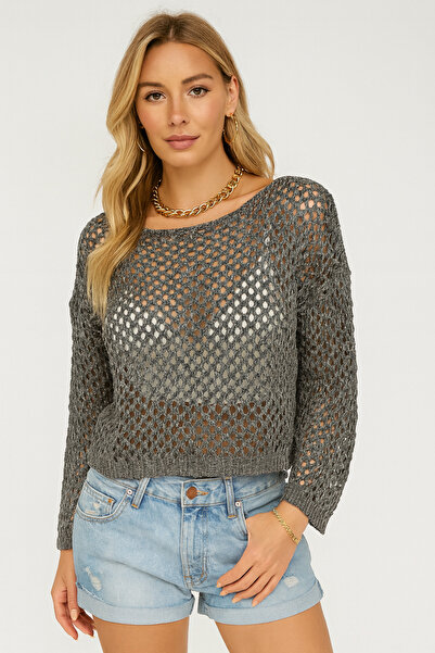 Minora Γυναικείο πουλόβερ 100% βαμβάκι δαντελωτή πλέξη Μικτό ανθρακί