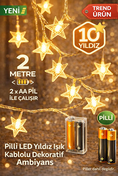 SULED 2 Metre Pilli Potart 10 Yıldızlı Dekoratif Led Işık Pilli Gün Işığı Süs...