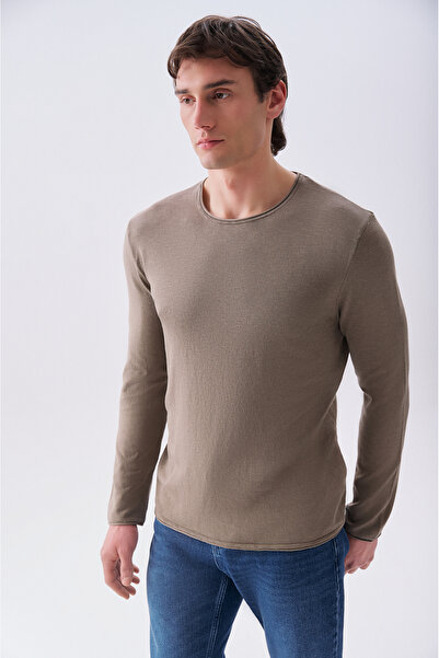 Mudo Pulover tricotat pentru bărbați, culoare nurcă, cu guler tip crewneck