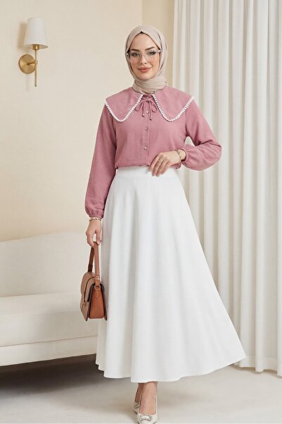 Modamorfo Βρεφικό πουκάμισο με δαντέλα στο γιακά και ελαστικά μανίκια - σε σκόνη