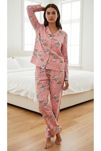 GİYDİNGİYDİN Kadın Pembe Unicorn Desenli Uzun Kol Gömlek Pijama Takımı