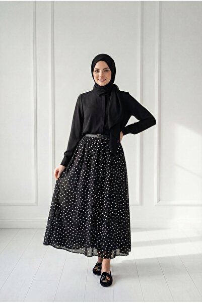 MİHRA STORE Φούστα πουά με ζώνη Belkız-EK884 Μαύρη