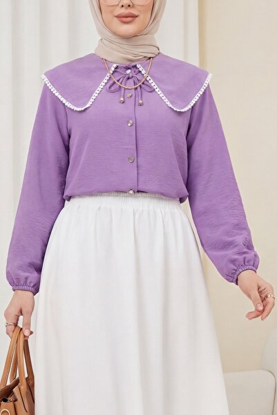 Modamorfo Βρεφικό πουκάμισο με δαντέλα στο γιακά και ελαστικά μανίκια - λιλά