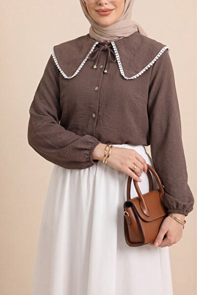 Modamorfo στρογγυλός γιακάς Πουκάμισο με ελαστικά μανίκια - καφέ