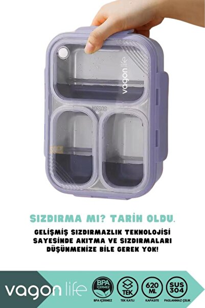 Vagonlife 3 Bölmeli ( Yeni ) 620 Ml Çelik Lunch Box VGN-7097 - PEMBE