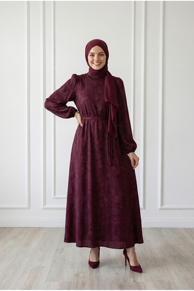 MİHRA STORE Κομψό Φόρεμα Ζακάρ με Μανίκια Μπαλόνια-PA9848 Βουργουνδί