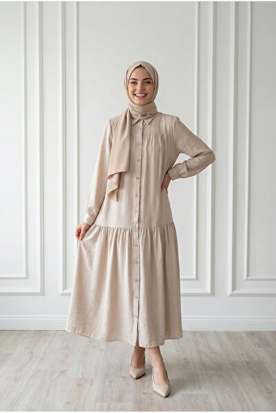 MİHRA STORE Φόρεμα φράουλα με κουμπιά Zafire-BN4603 Stone