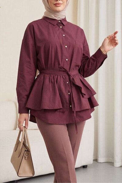 Modamorfo Cape detailed buttoned oval cut poplin tunic - plum