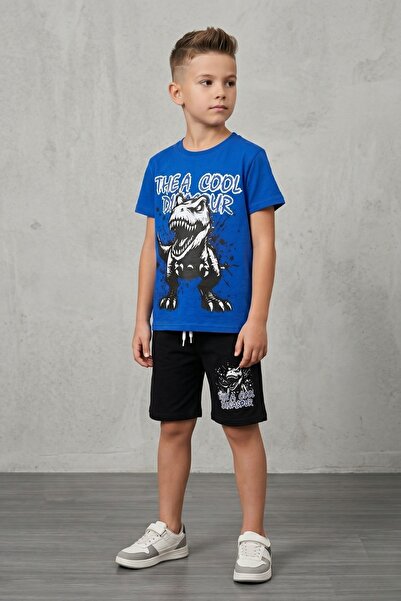 eQru Store Καλοκαιρινό παιδικό σετ μπλε μπλουζάκι με στάμπα Dinosaur και μαύρ...