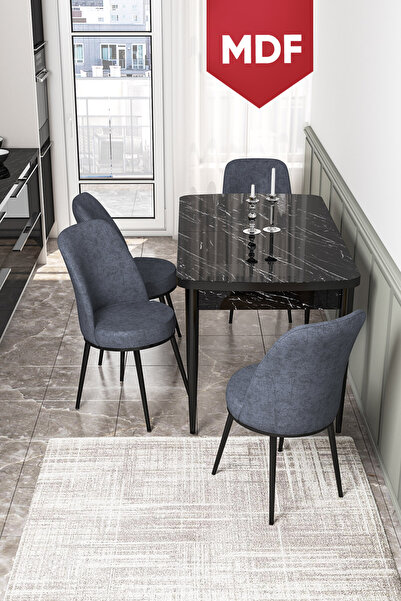 Canisa Kor Serisi 70x114 Açılabilir MDF Mutfak Masası Takımı Siyah Mermer Des...