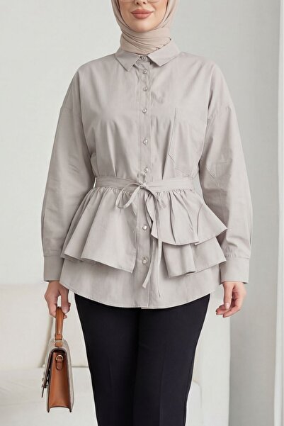 Modamorfo Cape detailed buttoned oval cut poplin tunic - stone