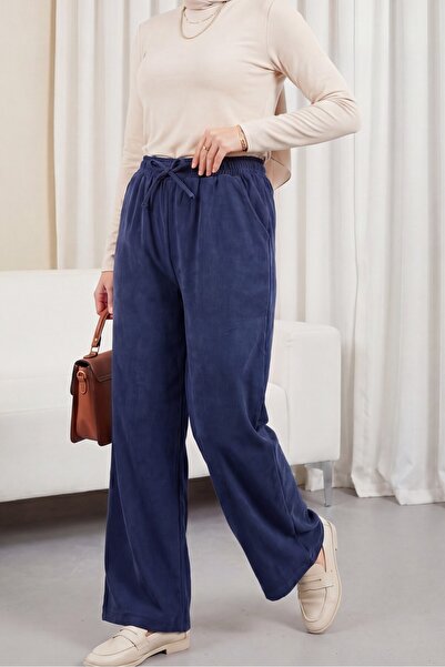 Modamorfo Elastic Waist, Lace Detail, Pocketed, Wide Leg Tencel Trousers - Da...