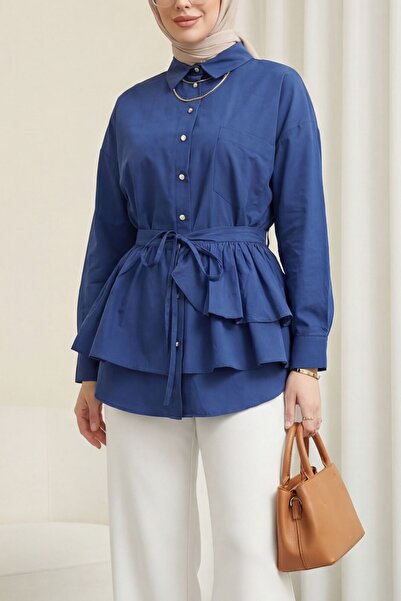 Modamorfo Cape detailed buttoned oval cut poplin tunic - navy