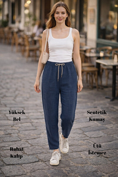 CEDY DENIM Γυναικείο καλοκαιρινό συνθετικό λινό ψηλόμεσο ελαστικό στενό παντε...