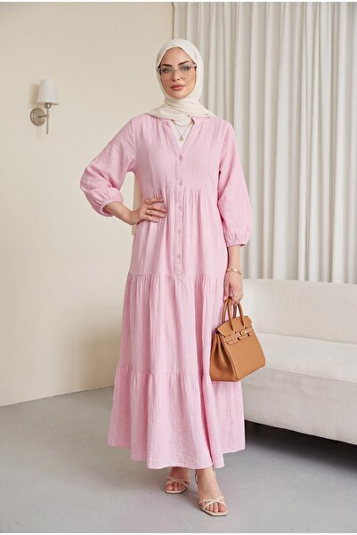 Modamorfo Φόρεμα μουσελίνας με λαιμόκοψη V, μισά κουμπιά και ελαστικά μανίκια...