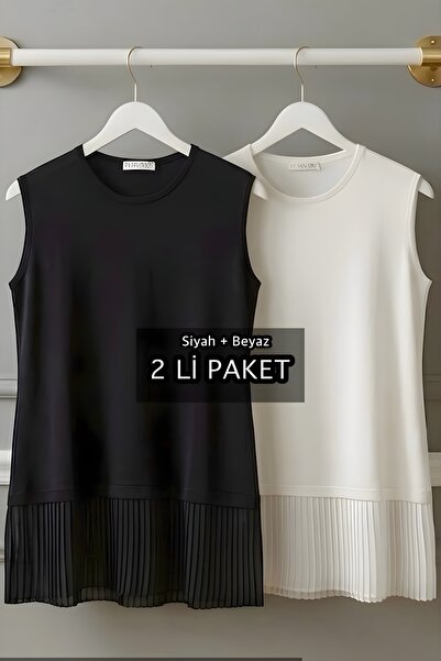 Black White 2-Pack Black White Zero Sleeve Pleated Combed Cotton Underwear Tunic