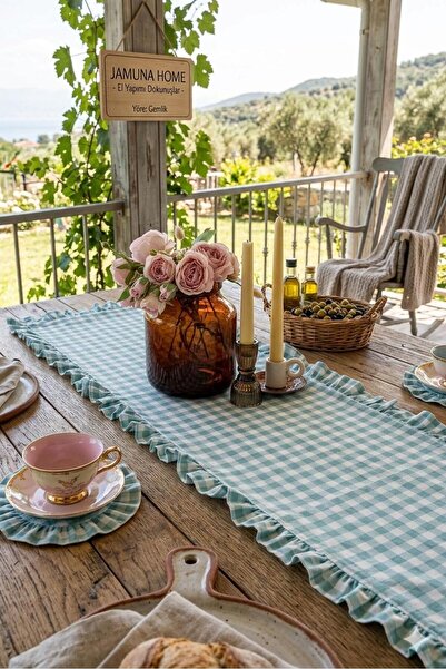 vintagetasarım Ράνερ με βολάν, πράσινο καρό, vintage, 40x130εκ.