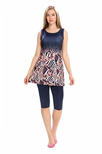 Starinci Mayo Navy Blue Hijab Swimsuit - Chain Patterned and Sleeveless