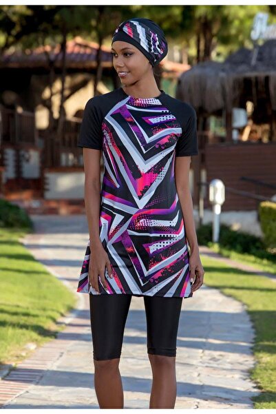 Women's Semi-Closed Swimwear Geometric Patterns Advertising Sleeve