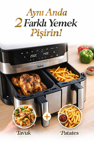 TEFAL Izgara Özellikli Çift Hazneli Yağsız Fritöz 8 Ön Ayarlı Programlı Çıkar...