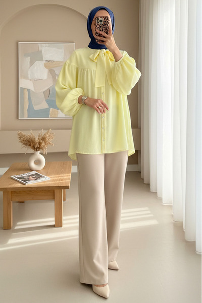 Modamorfo Λινό τουνίκ με λεπτομέρεια φιόγκου στο γιακά, ελαστικά μανίκια και ...